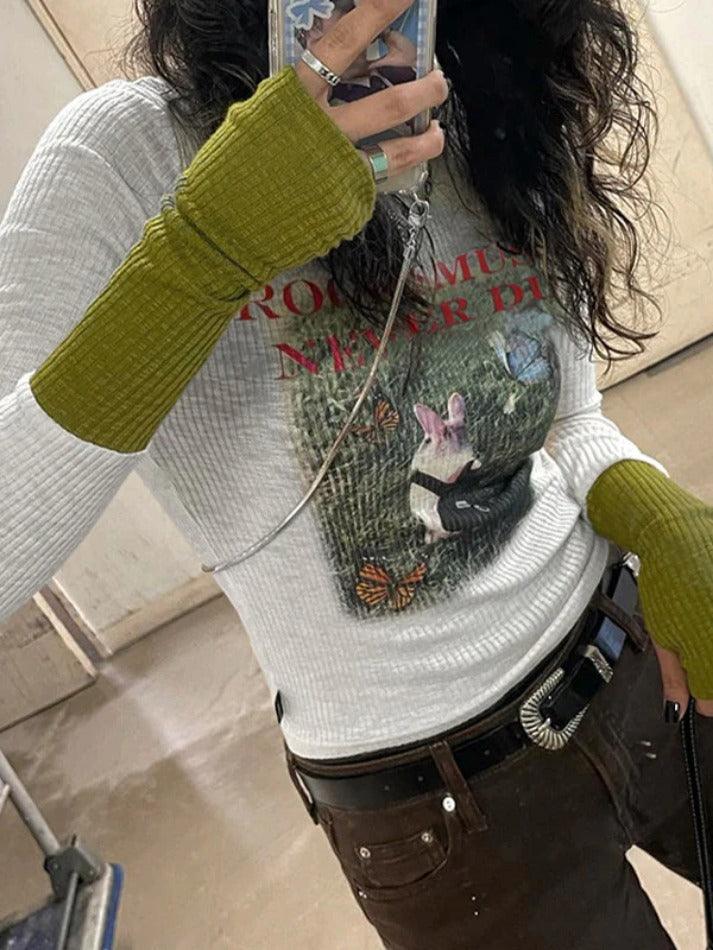 Rabbit Print Contrast Color Splice Long Sleeve Knit - AnotherChill
