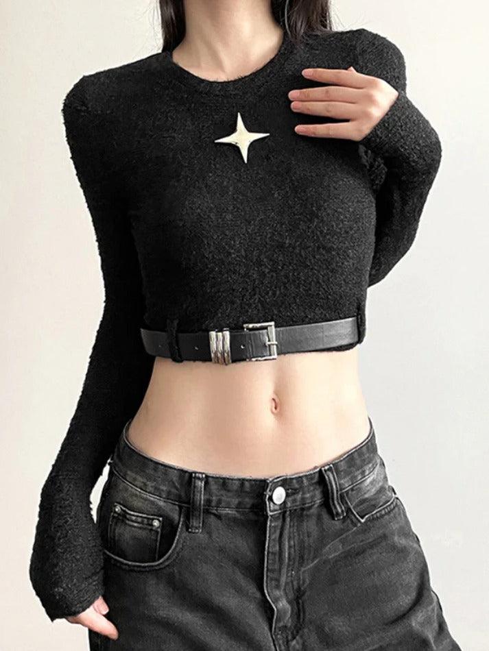 Metal Star Decor Belted Hem Cropped Long Sleeve Knit - AnotherChill