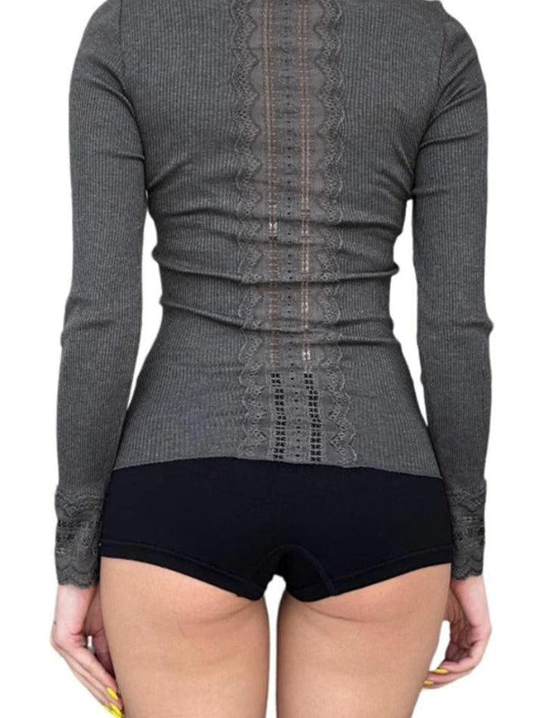 Lace Splice Breasted Slim Long Sleeve Knit - AnotherChill