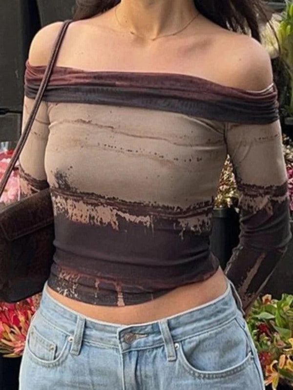 Vintage Irregular Print Off Shoulder Mesh Long Sleeve Tee - AnotherChill