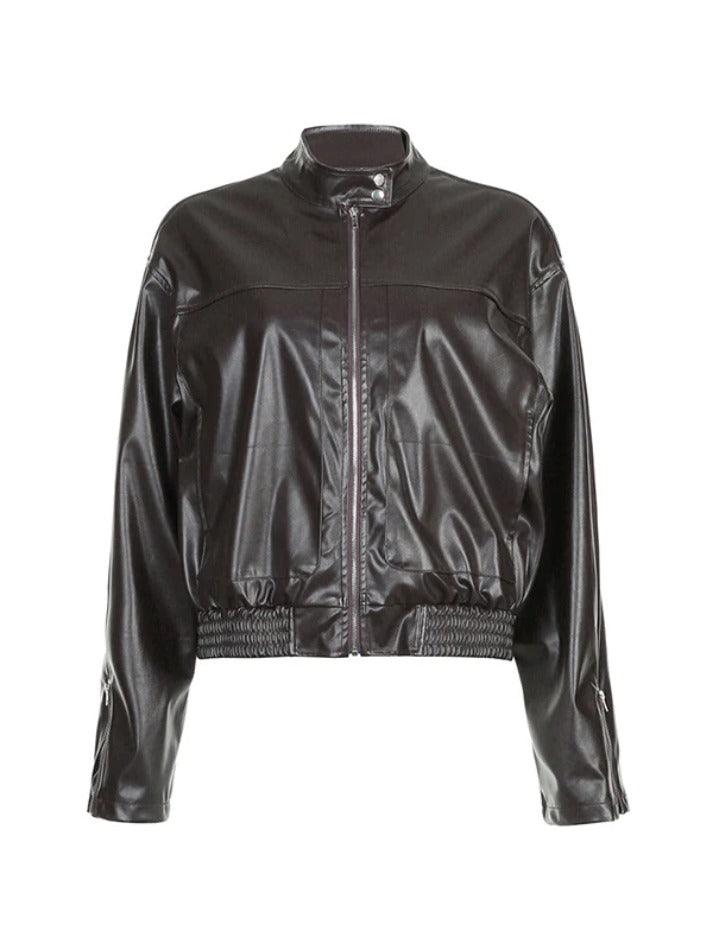 Solid Collar Neck Leather Motorcycle Jacket - AnotherChill