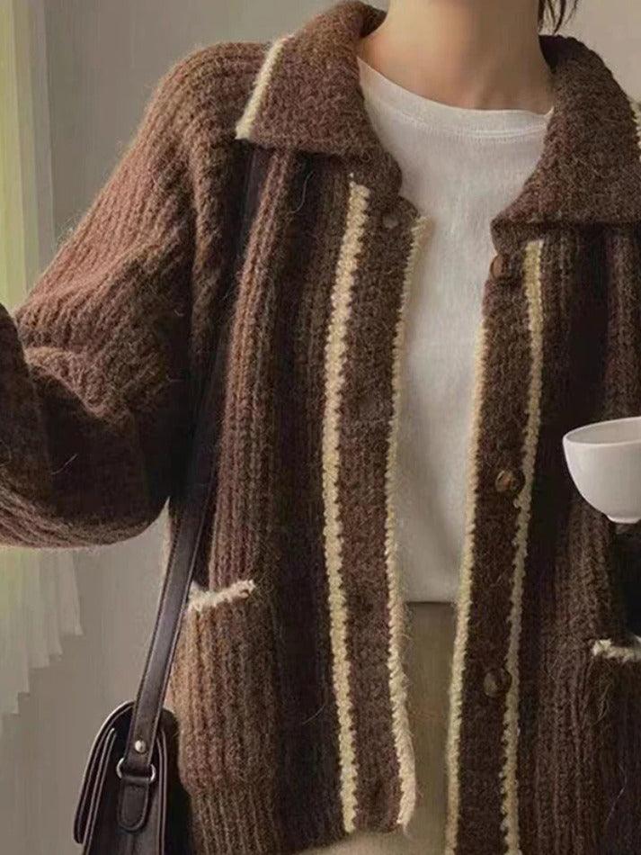 Contrast Color Trim Lapel Neck Cardigan - AnotherChill