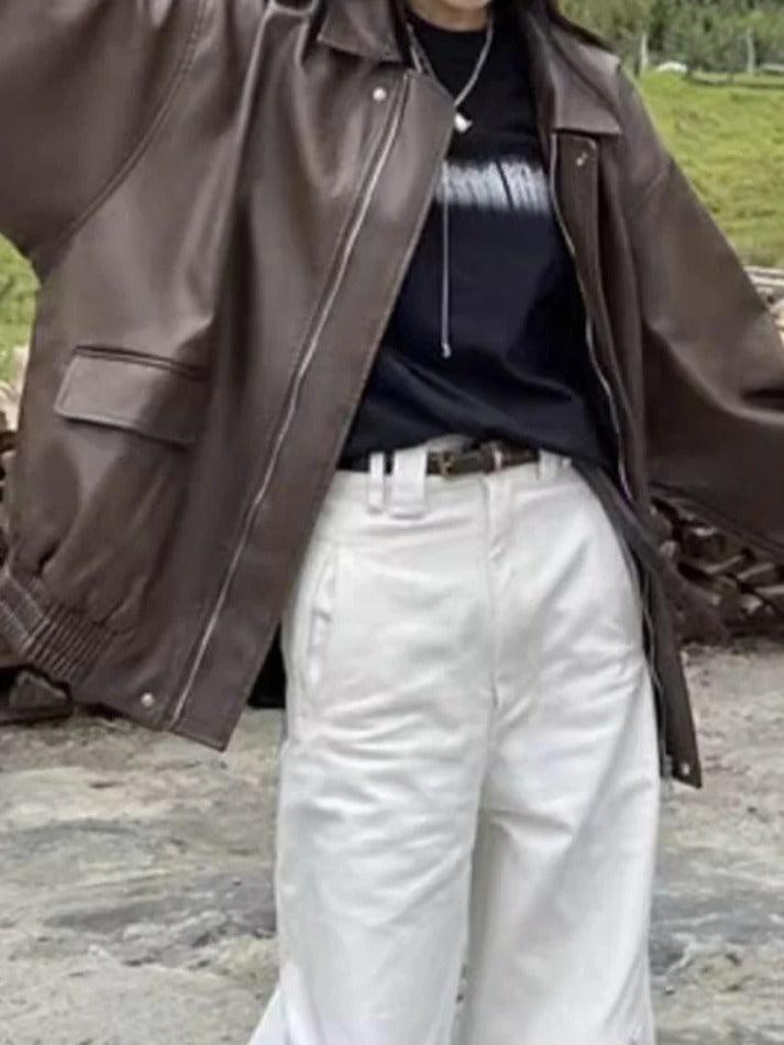 Vintage Brown Lapel Neck Zip Up Leather Jacket - AnotherChill