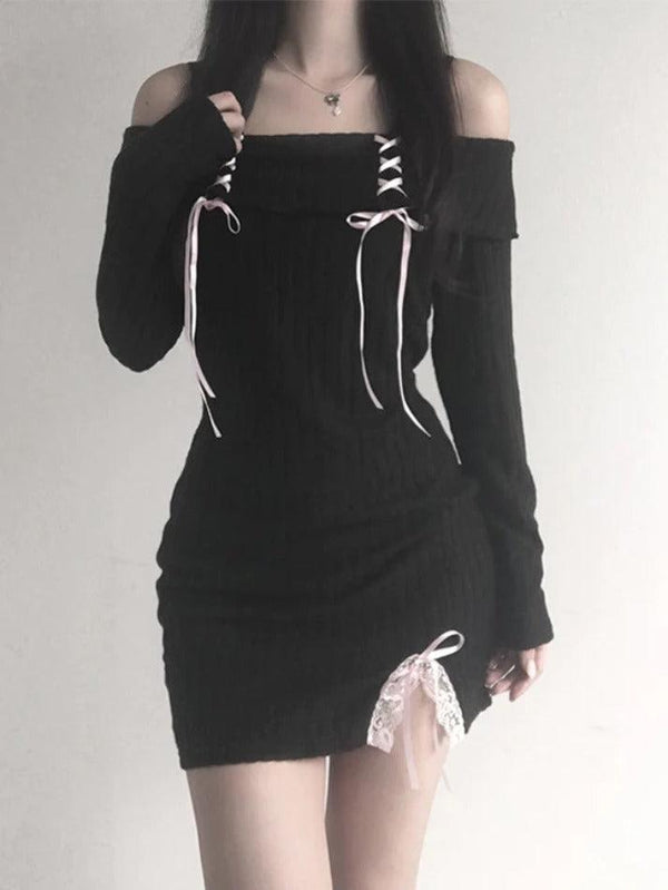 Contrast Tie Up Bow Off Shoulder Slit Knit Mini Dress