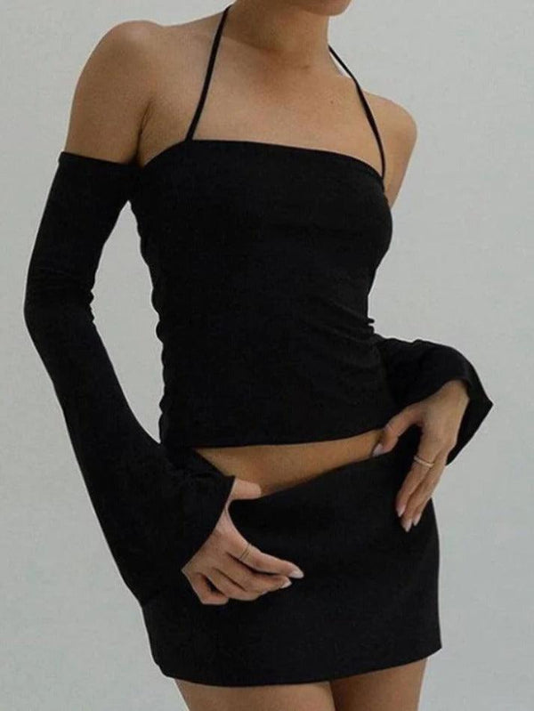 Solid Halter Off Shoulder Long Sleeve Tee - AnotherChill
