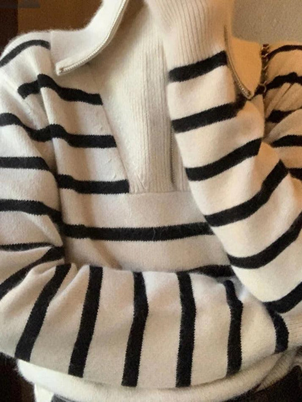 Stripe Splice Lapel Neck Half Zip Sweater - AnotherChill