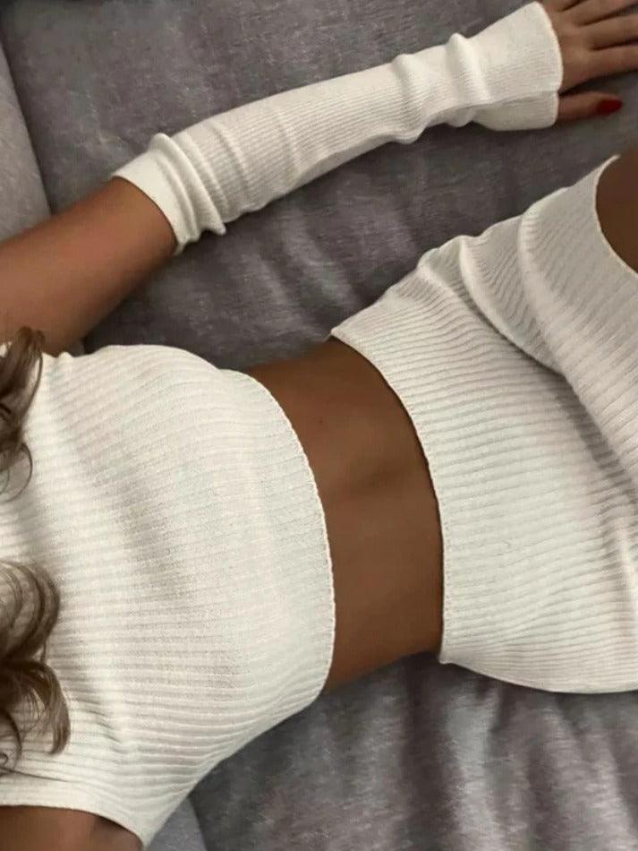 White Ribbed Crop Wrap Hip Knit Two Piece - AnotherChill