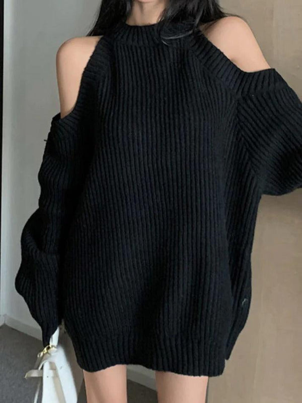Solid Cold Shoulder Loose Ribbed Sweater - AnotherChill