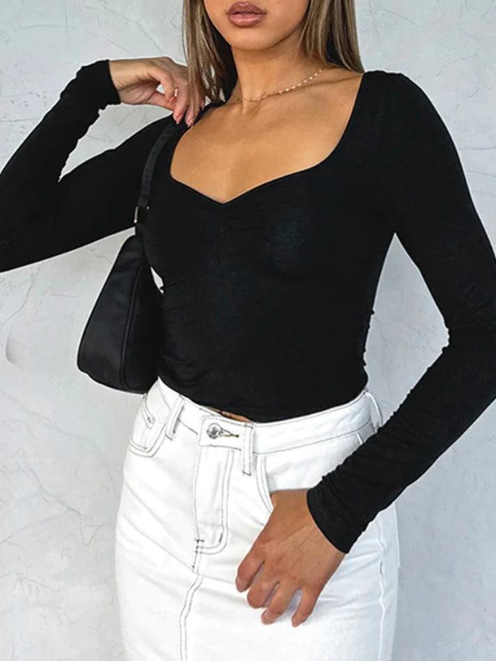 Solid Ruched Sweetheart Neck Long Sleeve Tee - AnotherChill