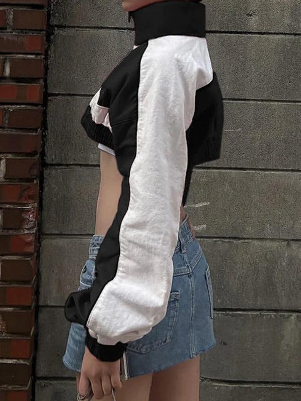 Collar Neck Color Block Splice Short Jacket - AnotherChill