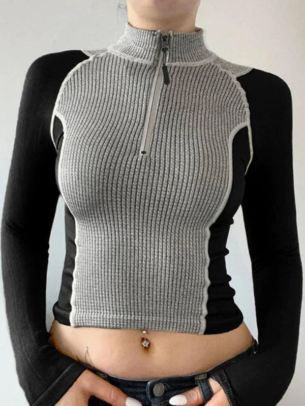 Color Block Splice Collar Neck Crop Long Sleeve Knit - AnotherChill