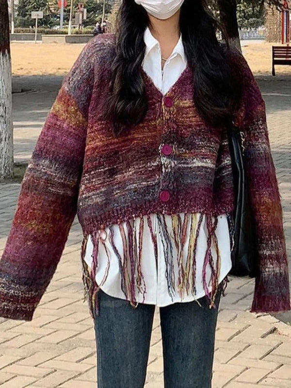 Colorful Stripe Tassel Hem Loose Cardigan - AnotherChill