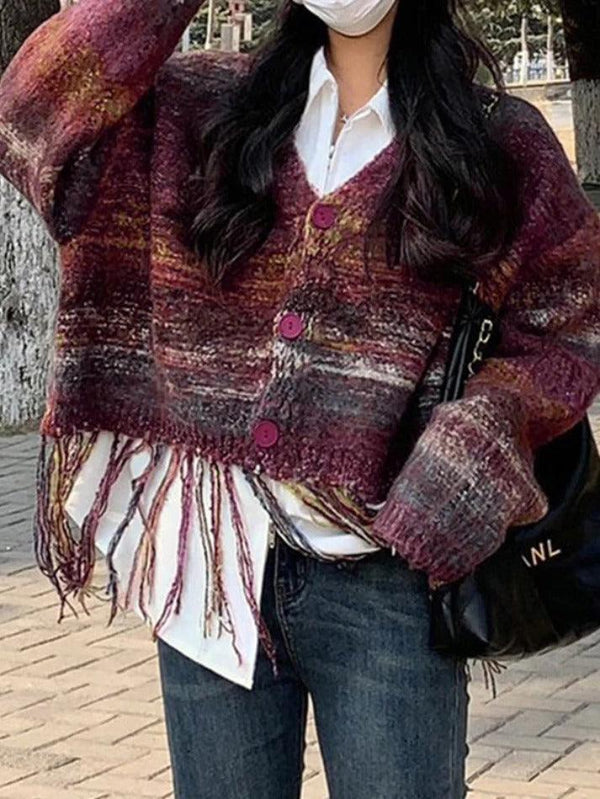 Colorful Stripe Tassel Hem Loose Cardigan - AnotherChill