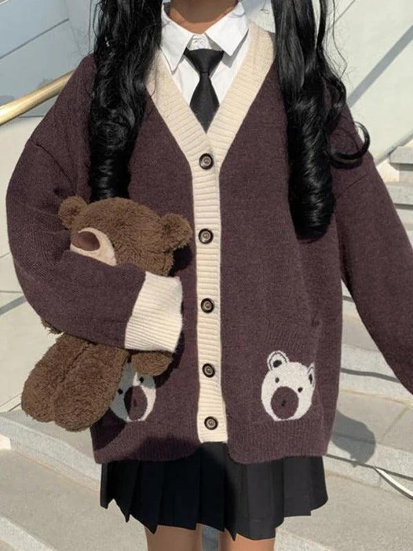 Contrast Color Bear Jacquard V Neck Knit Cardigan - AnotherChill