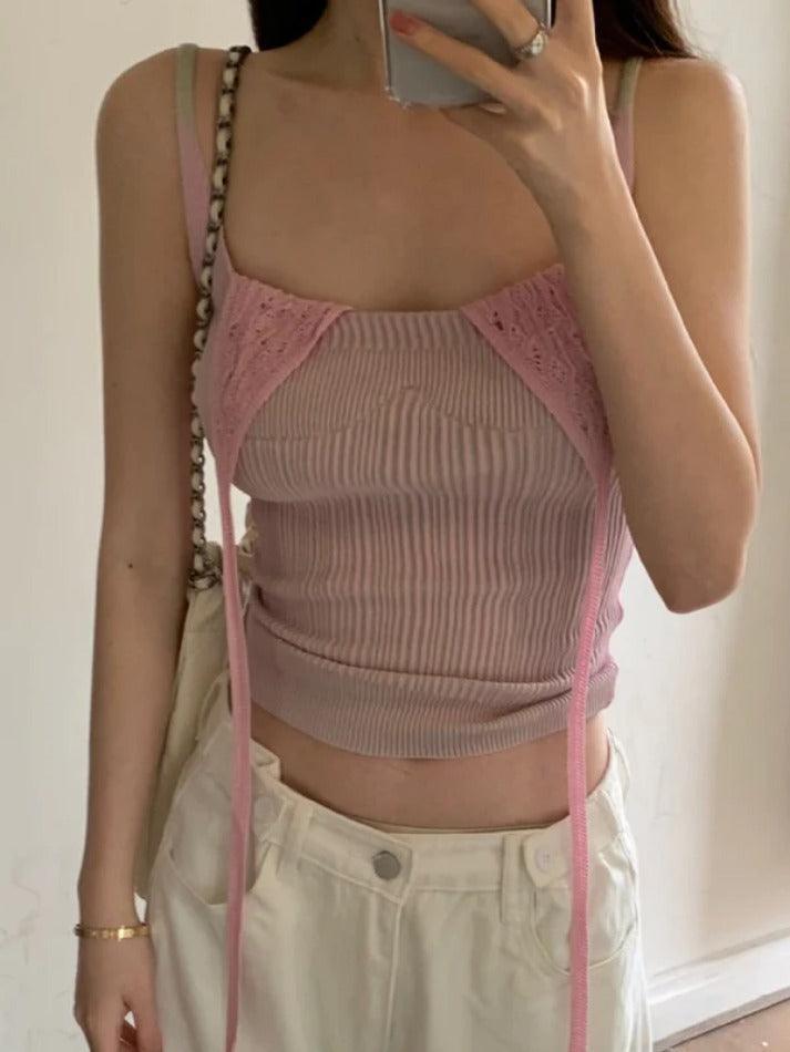 Contrast Color Fake Two Piece Knit Cami Top Halter Vest - AnotherChill