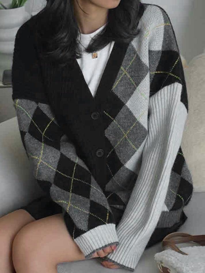 Contrast Color Plaid Patchwork Cardigan - AnotherChill