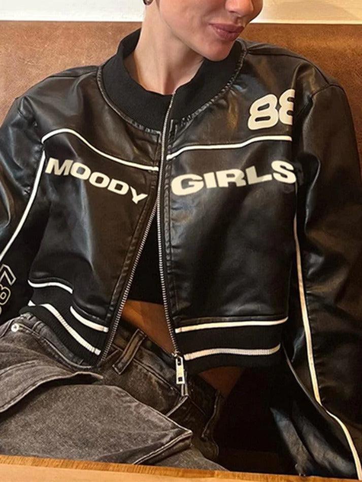 Contrast Color Print Splice Leather Short Jacket - AnotherChill
