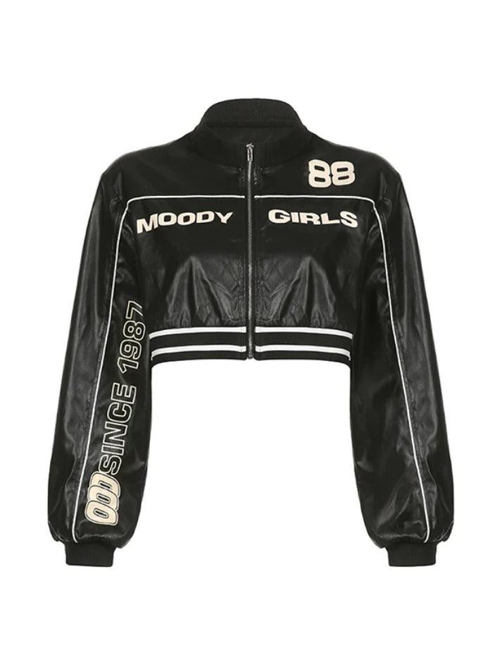 Contrast Color Print Splice Leather Short Jacket - AnotherChill