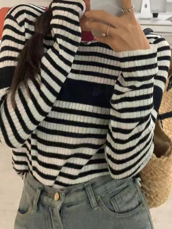 Contrast Color Stripe Slim Long Sleeve Knit - AnotherChill