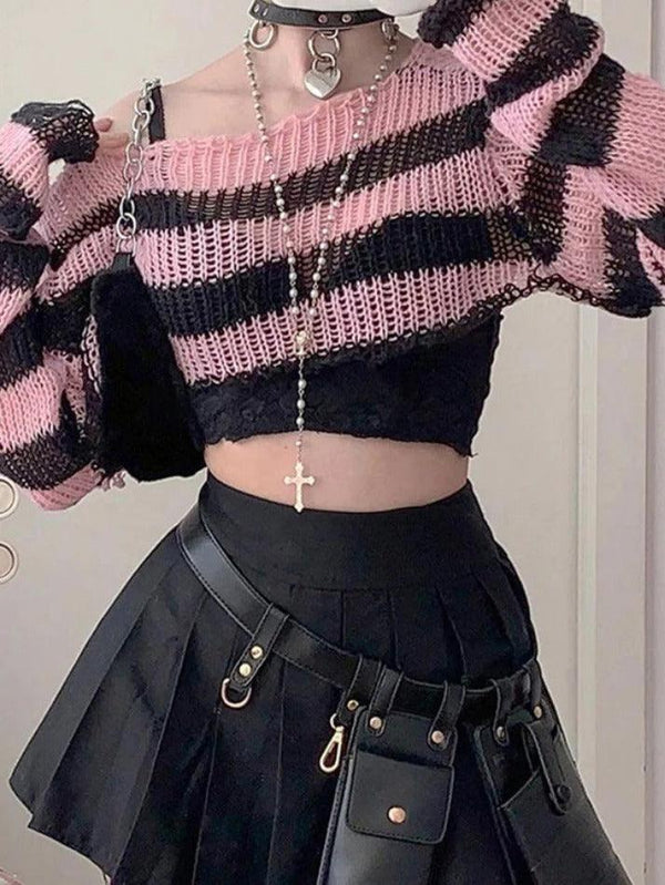 Contrast Color Stripe Ultra Short Long Sleeve Knit - AnotherChill