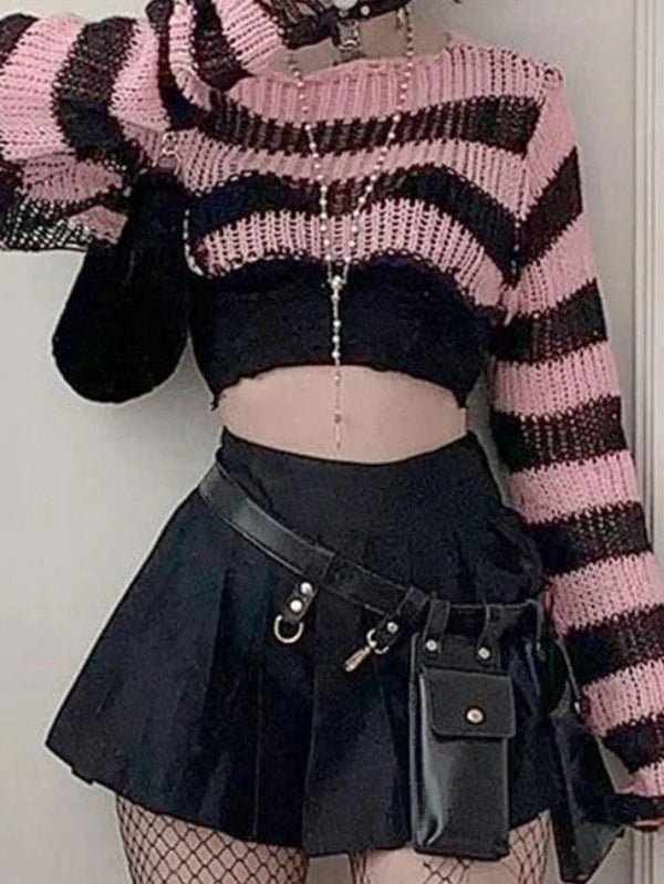 Contrast Color Stripe Ultra Short Long Sleeve Knit - AnotherChill