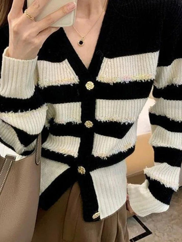 Contrast Color Stripe V Neck Knit Cardigan - AnotherChill