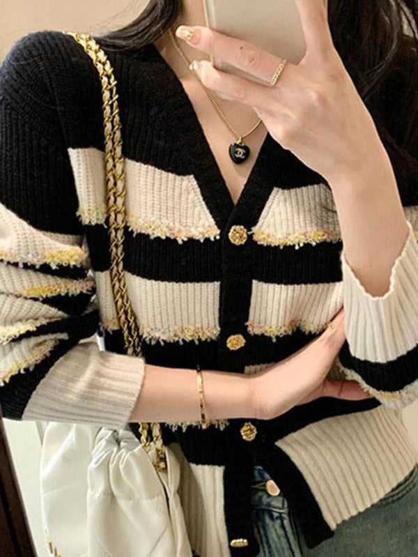 Contrast Color Stripe V Neck Knit Cardigan - AnotherChill