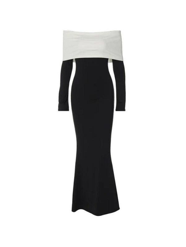 Contrast Color Trim Off Shoulder Long Sleeve Maxi Dress - AnotherChill