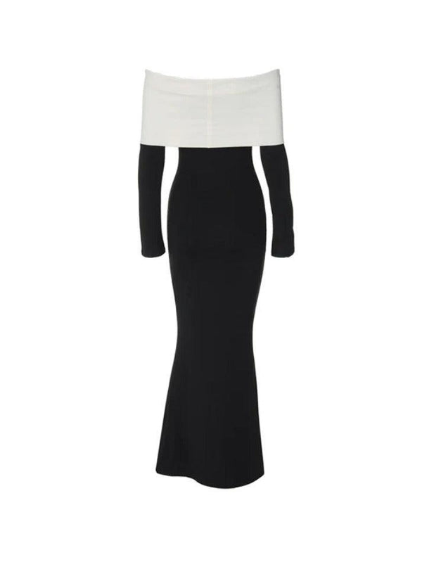 Contrast Color Trim Off Shoulder Long Sleeve Maxi Dress - AnotherChill