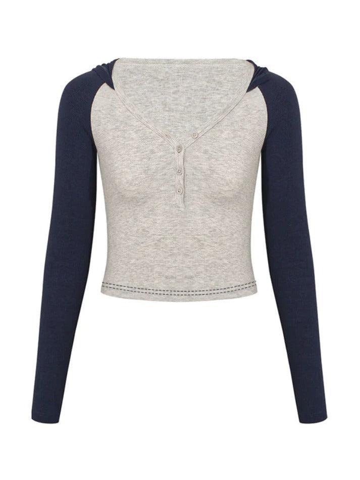 Contrast Color V Neck Long Sleeve Tee - AnotherChill