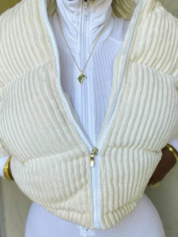 Corduroy Ribbed High Neck Zip Up Jacket - AnotherChill