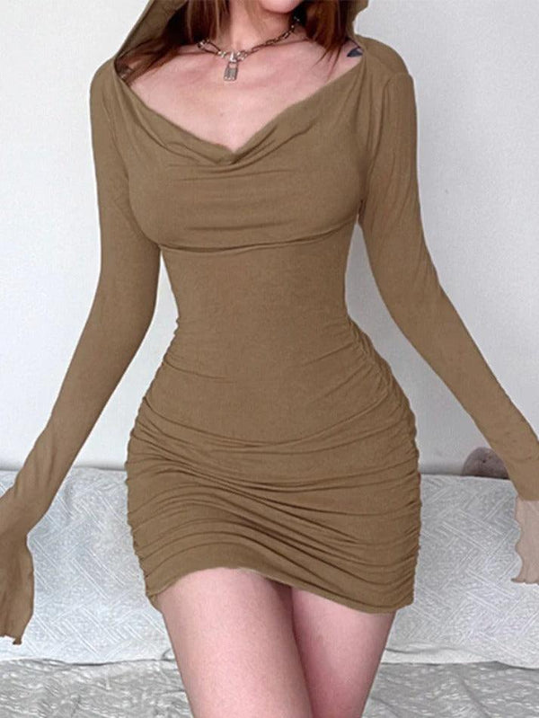 Cowl Neck Ruched Hooded Slim Knit Mini Dress - AnotherChill