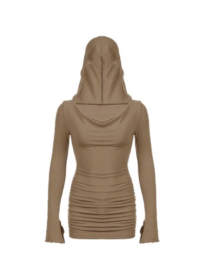 Cowl Neck Ruched Hooded Slim Knit Mini Dress - AnotherChill