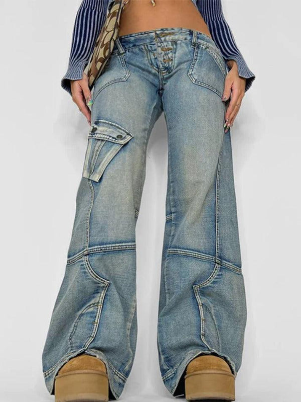 Irregular Splice Low Waist Flare Cargo Jeans