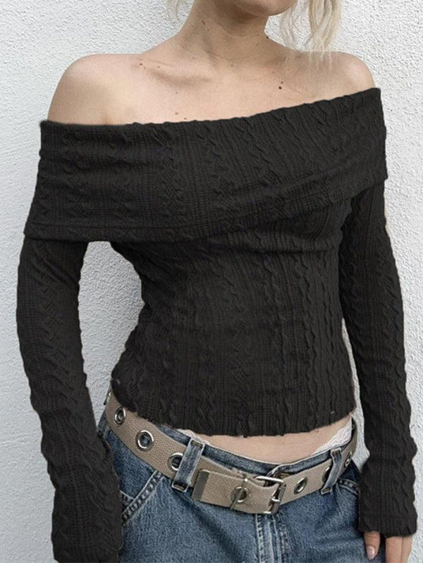 Solid Off Shoulder Slim Cable Knit Long Sleeve Knit - AnotherChill
