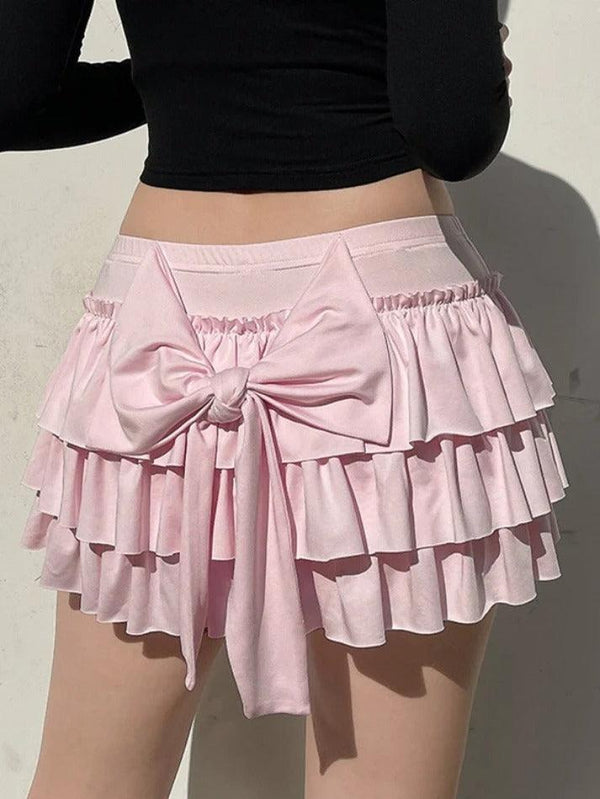 Solid Bow Splice Low Rise Tiered Mini Skirt - AnotherChill