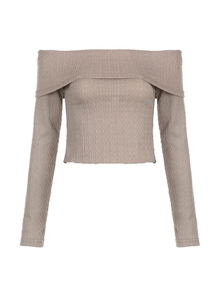 Solid Off Shoulder Slim Cable Knit Long Sleeve Knit - AnotherChill