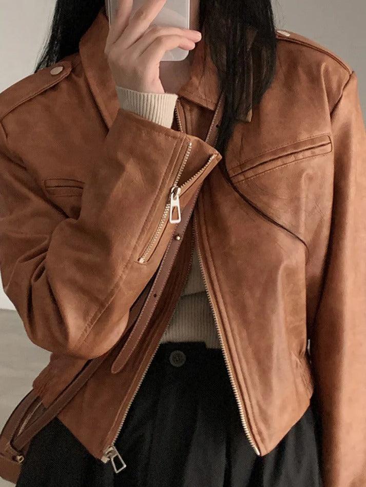 Zip Up Lapel Neck Leather Short Jacket - AnotherChill