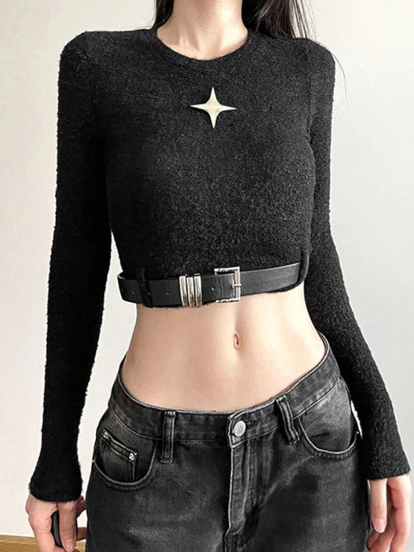 Metal Star Decor Belted Hem Cropped Long Sleeve Knit - AnotherChill