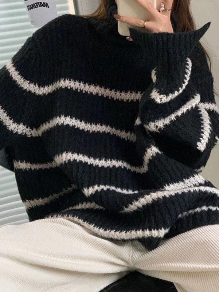Turtleneck Striped Knit Sweater - AnotherChill