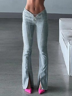 Cutout Lace Up Slit Flare Jeans - AnotherChill