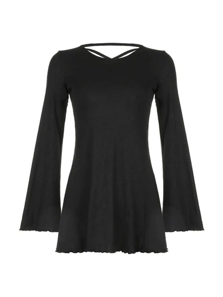 Solid Tie Back Trumpet Sleeve Fungus A Line Mini Dress - AnotherChill