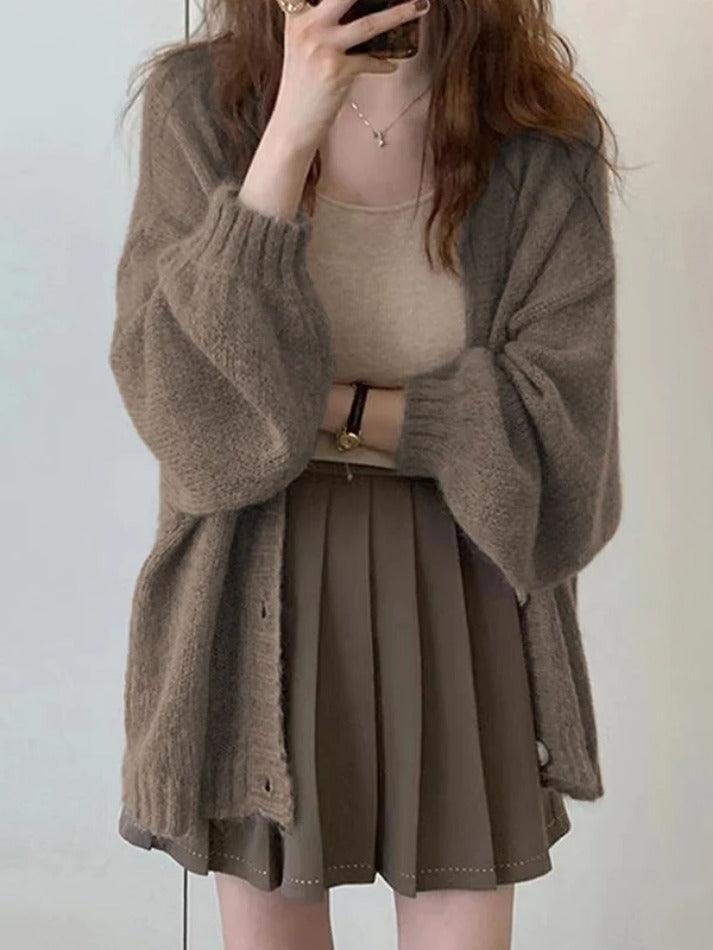 Mohair Solid Lantern Sleeve Baggy Cardigan - AnotherChill