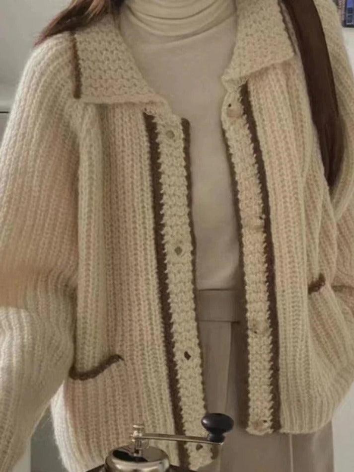 Contrast Color Trim Lapel Neck Cardigan - AnotherChill