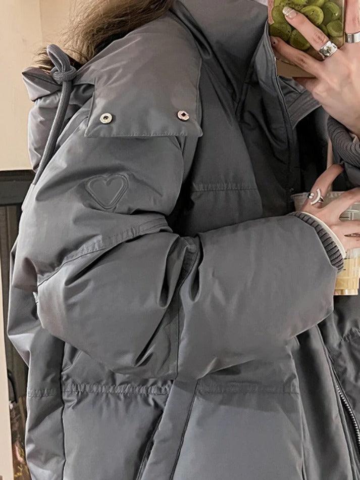 Solid Heart Embellished Hooded Puffer Jacket - AnotherChill