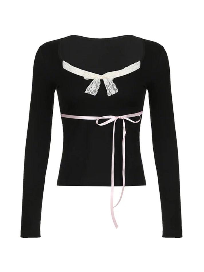 Lace Trim Bow Splice V Neck Long Sleeve Tee - AnotherChill