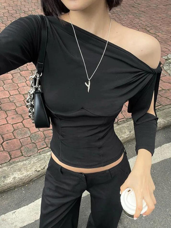 Solid One Shoulder Cutout Sleeve Long Sleeve Tee - AnotherChill