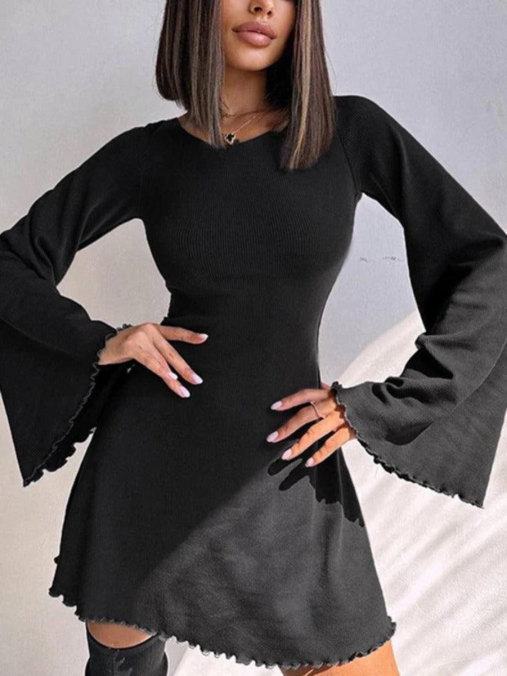 Solid Tie Back Trumpet Sleeve Fungus A Line Mini Dress - AnotherChill