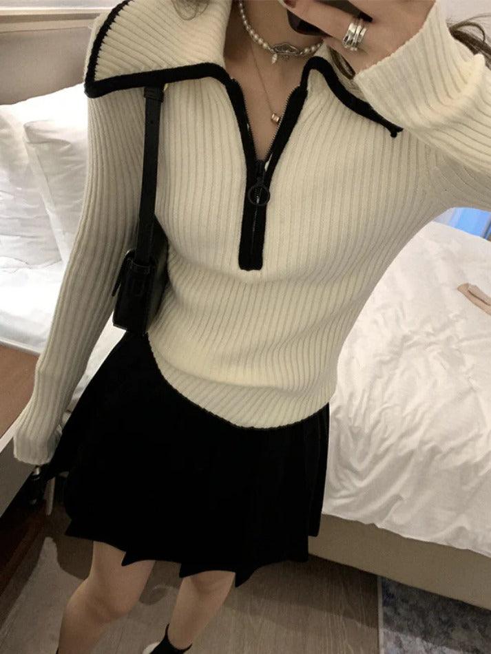 Lapel Neck Half Zip Sweater - AnotherChill