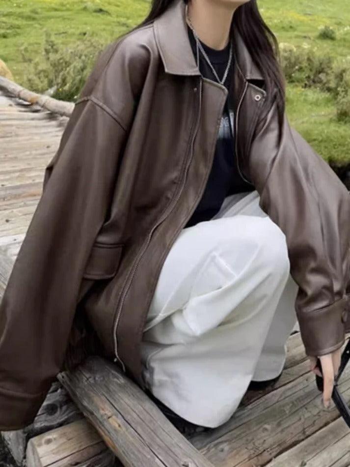Vintage Brown Lapel Neck Zip Up Leather Jacket - AnotherChill
